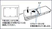 ○部分をしっかりと押し、本電話機とすき間がないことを確認してください。リアカバーツメを本電話機のミゾに差し込む