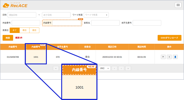 通話履歴画面に内線番号が表示されている図