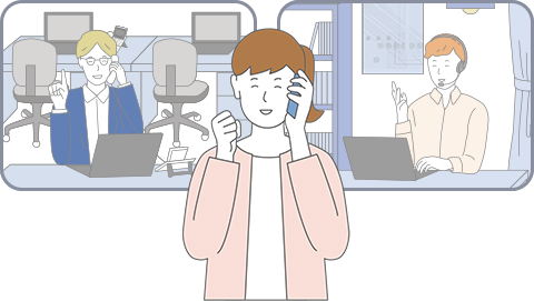 会社にいる人と、自宅にいる人と、スマホで通話する女性のイラスト