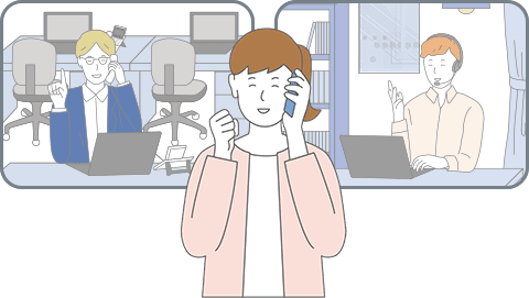 会社にいる人と、自宅にいる人と、スマホで通話する女性のイラスト