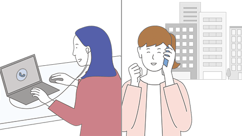 外でスマホ電話している人と、家でPCで電話してる人のイラスト