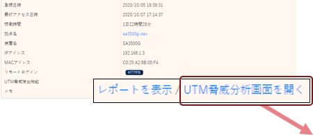 「UTM脅威分析画面を開く」をクリック
