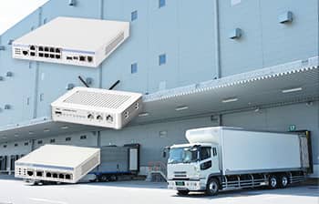 工事現場や運送業の運転手と、NECプラットフォームズのVPN構築ルータの写真